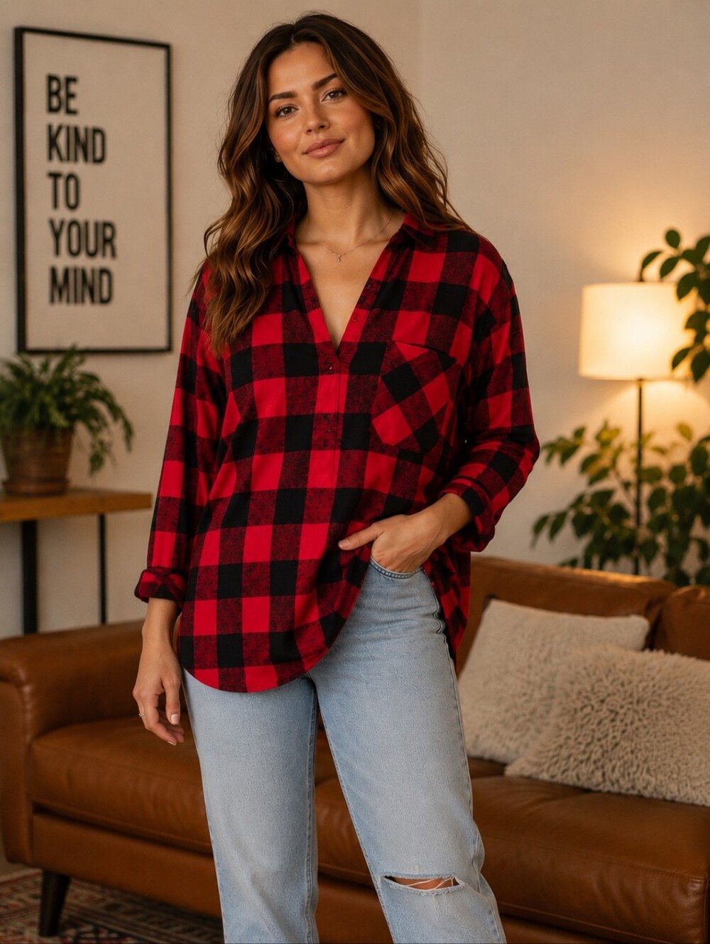 Auden Red & Black Buffalo Plaid Button Front Sleep Shirt – Women’s XLCozy meet